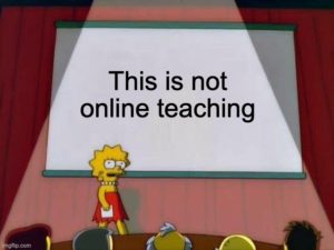 Lisa Simpson making a presentation - the slides reads: This is not online teaching (meme)